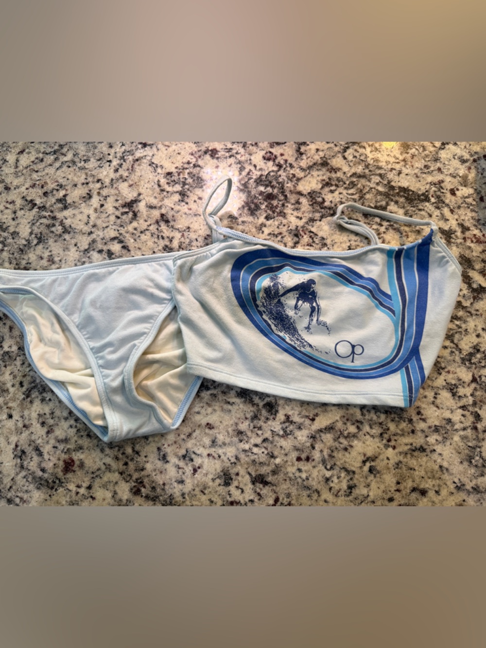 Vintage OP Ocean Pacific Pale Blue Bikini Top with Blue Logo Tag